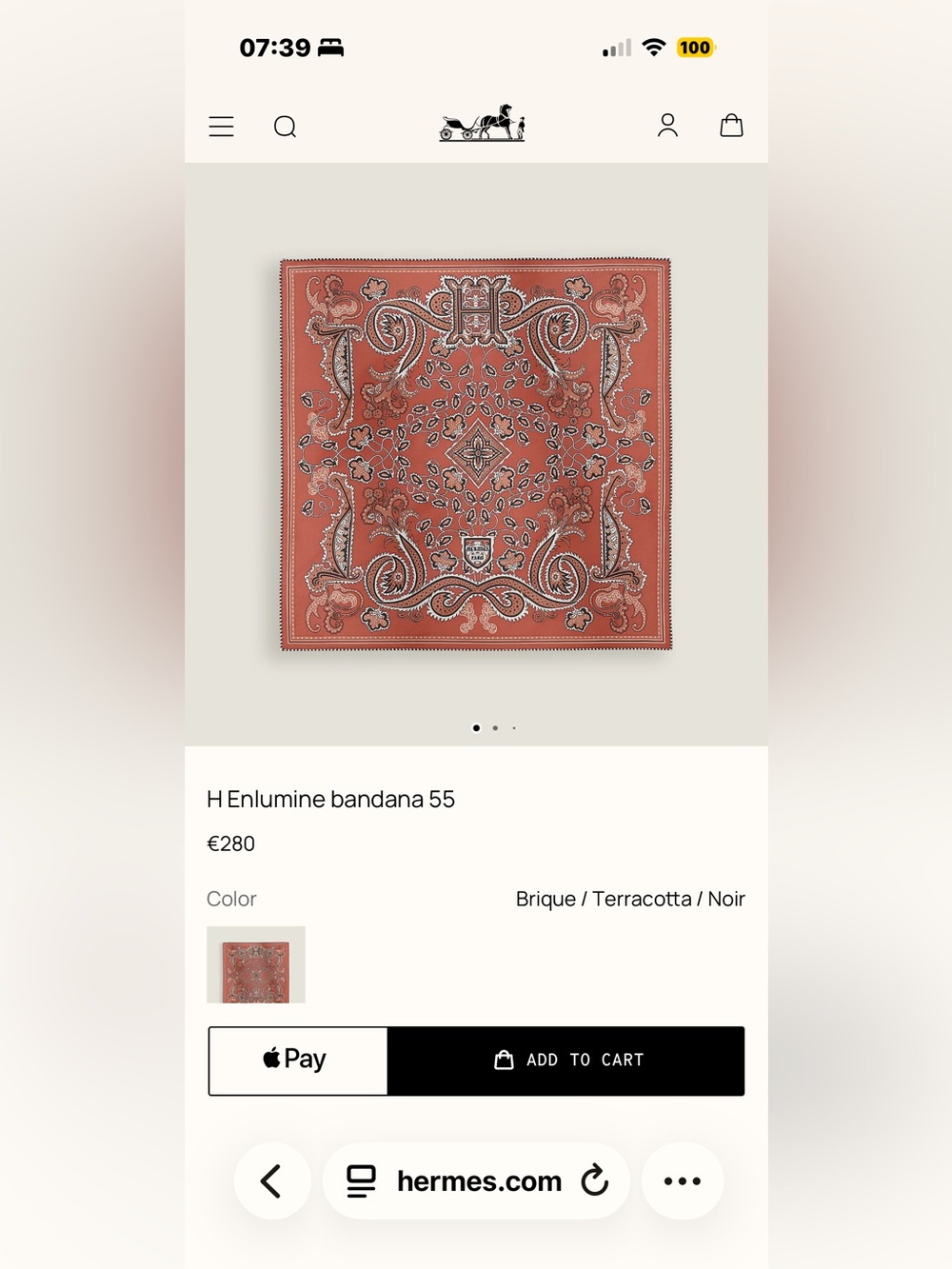 Final Price-No Offers! Hermes Terracotta Brick Paisley Silk Bandana